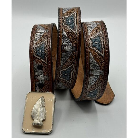Allison Daniel Design Brown Leather Eagle Silver Tooled Belt Arrowhead Buckle 38 main image 7